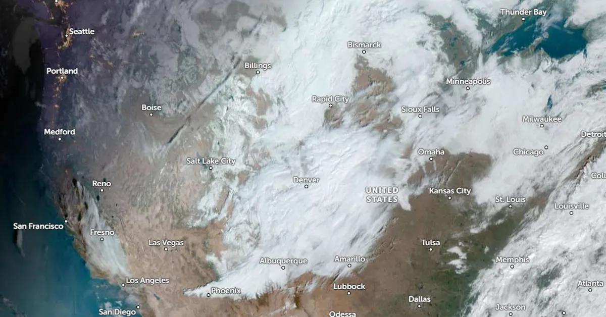 Satellite image of the winter storm over the southern Rockies