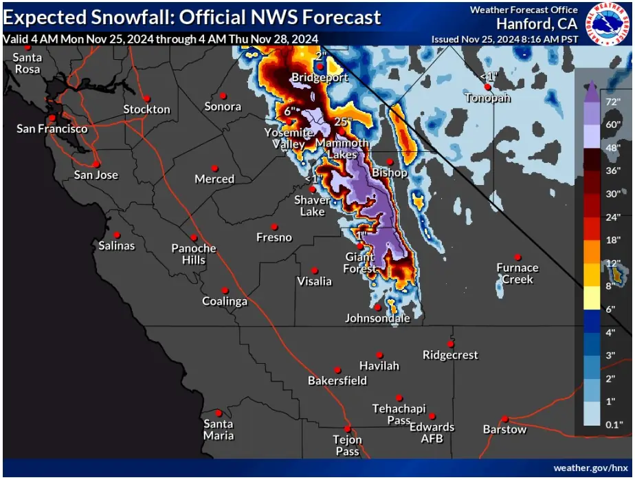 expected snowfall official nws hanford forecast november 25 - 28 2024