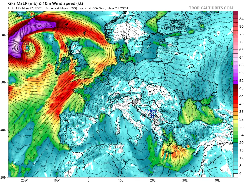 storm bert saturday november 23 2024 gfs mslp and 1m wind