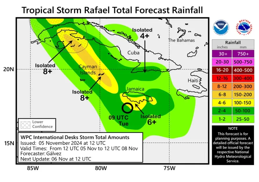 tropical storm rafael total forecast rainfall november 5 - 8 2024