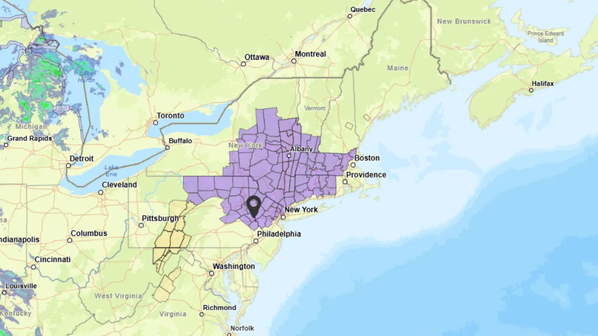 Map of areas under winter weather advisory