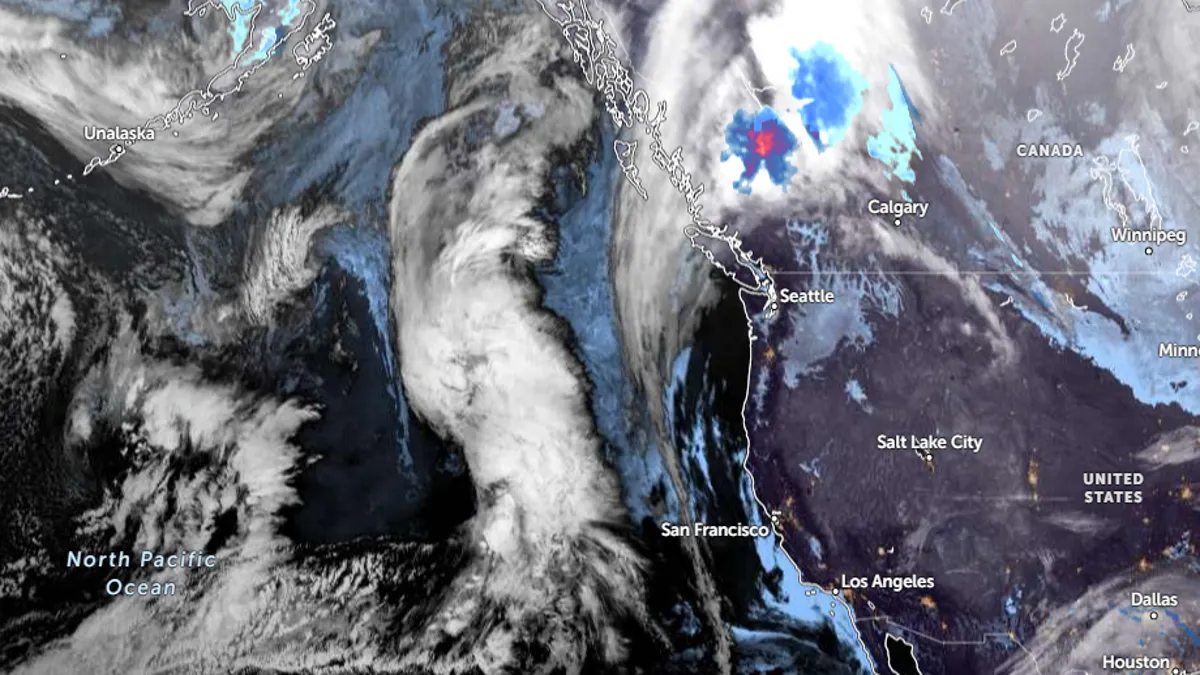 Satellite image of the developing atmospheric river off the U.S. Coast