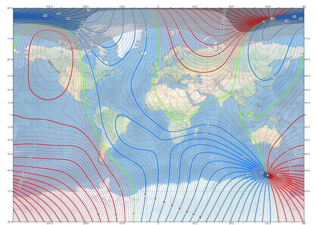 World Magnetic Model (WMM) 2025: Main Field Declination Map