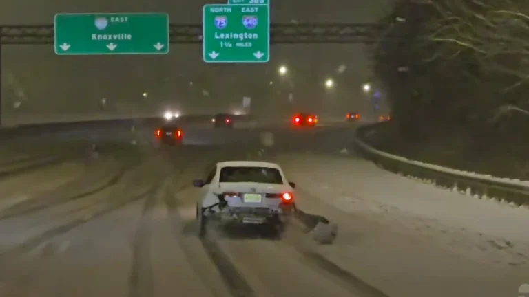A car travelling on the I-40 after a crash during winter storm.