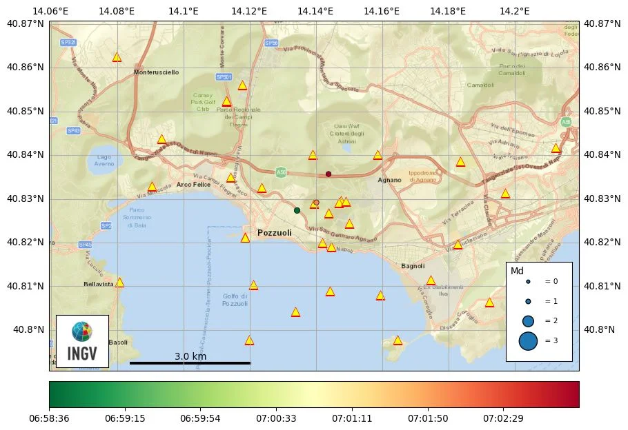 Seismic event map of Campi Flegrei with earthquake timing and depths