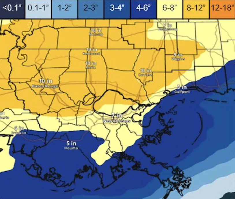 High-end snowfall projections for Louisiana and Mississippi