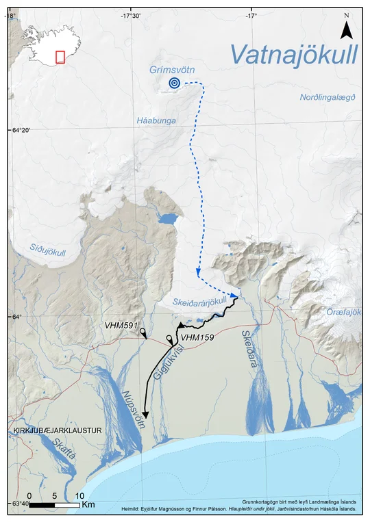Map of the estimated running route from Grímsvötn down to Gígjukvísl on Skeiðarársandur.