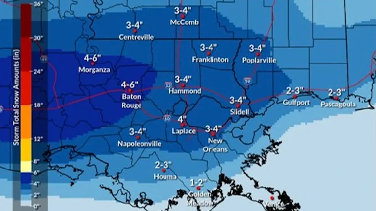 Projected snowfall totals for Louisiana and Mississippi on January 21, 2025