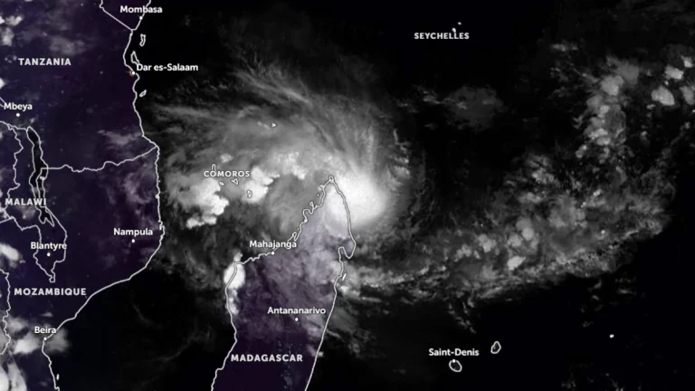 Satellite image of Cyclone Dikeledi at landfall