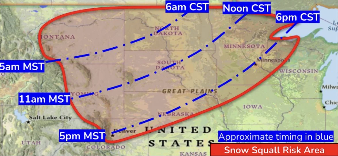 Snow squall risk timeline across the U.S.