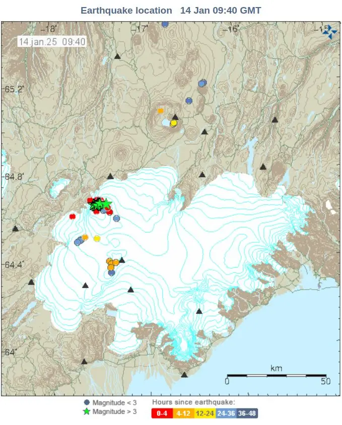 Vatnajökull Iceland - earthquakes in 48 hours to 0940 utc january 14 2025