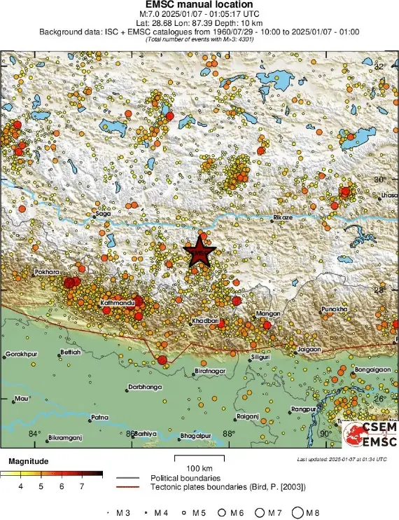 m7.1 xizang china earthquake january 7 2025 emsc regional seismicity