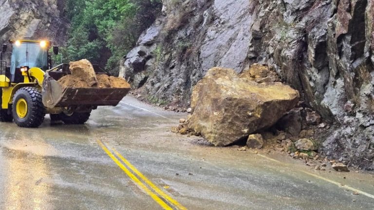 A boulder that fell on the road due to the heavy rains in California on Thursday February 13, 2025