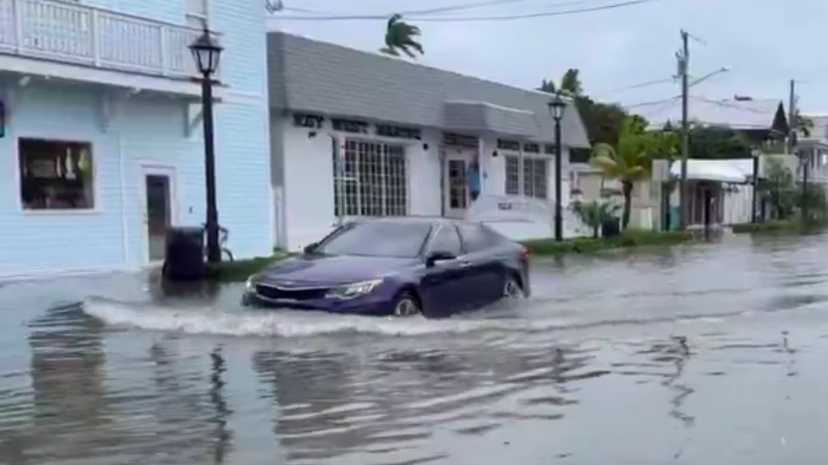 A car traversing through flood waters in Key West, Florida, On February 24, 2025