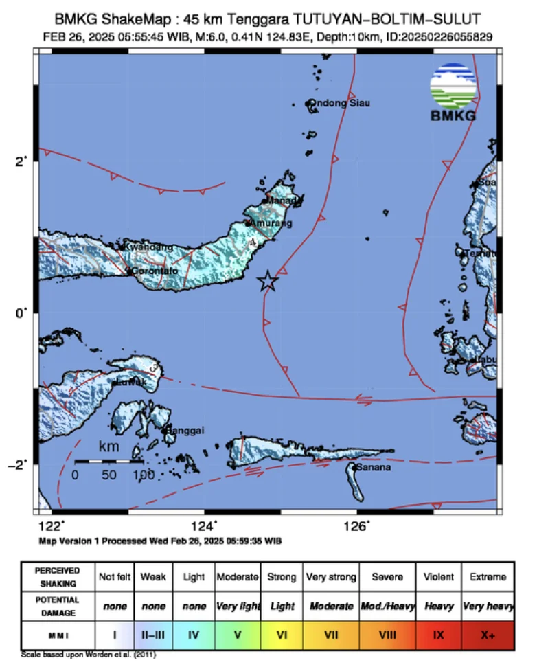 BMKG shake map for M6.0 earthquake on February 25, 2025