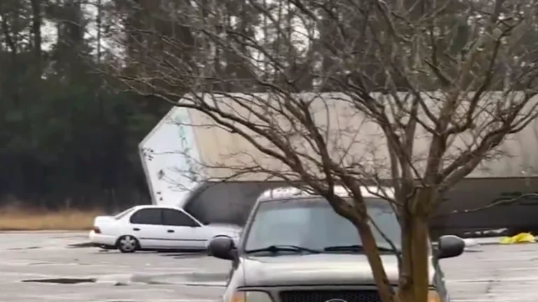 Container flipped over a car in Pensacola, Florida, due to a possible tornado on Tuesday, February 11, 2025.
