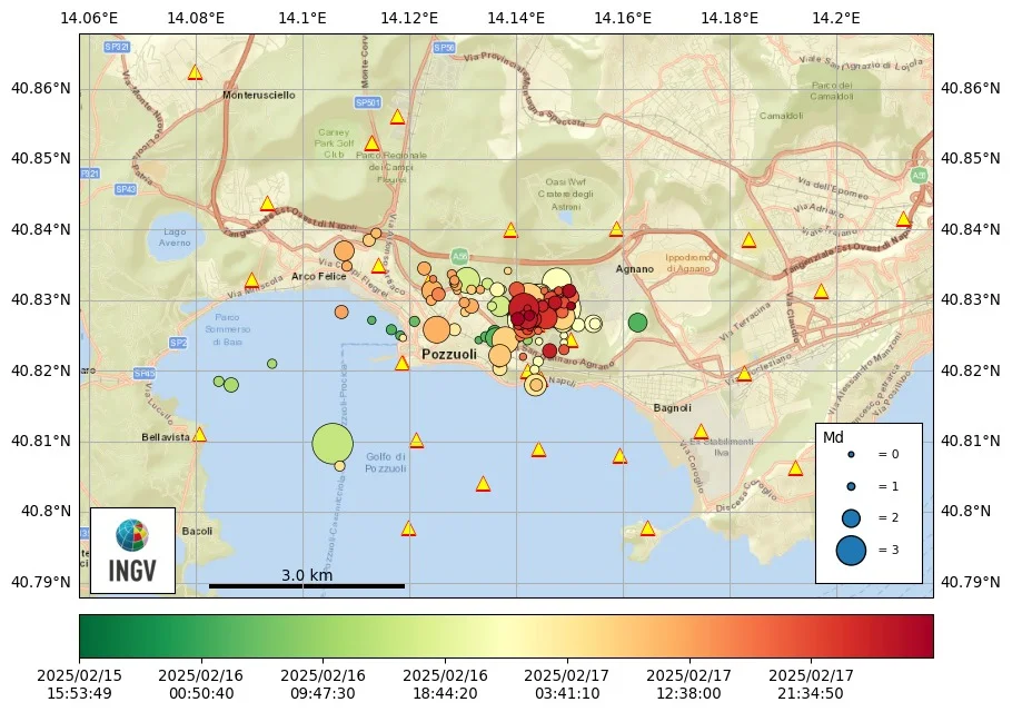 Earthquakes detected at Campi Flegrei from February 15 to 17, 2025