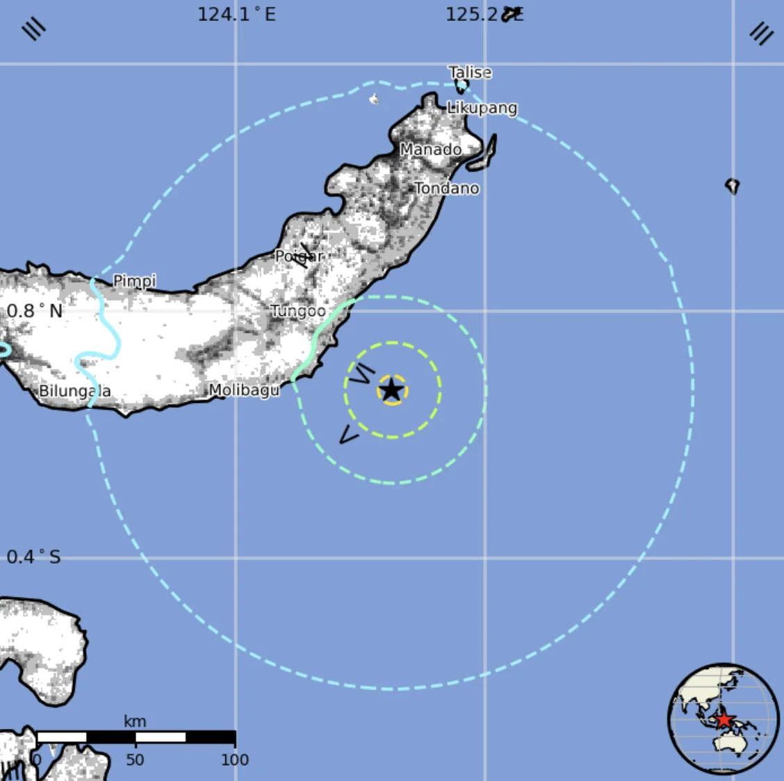 Estimated population exposure to earthquake shaking of M6.0 earthquake on February 25, 2025