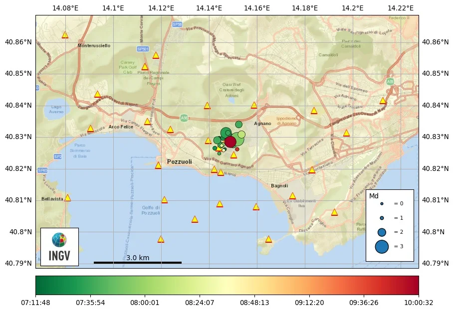 Graph showcasing recent seismic activity in the Campi Flegrei region
