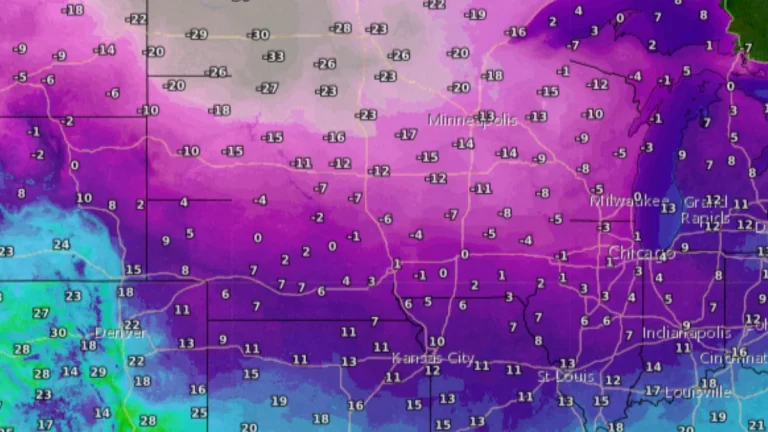 Minimum temperature forecast for Minnesota and surrounding regions till Monday evening, February 17, 2025