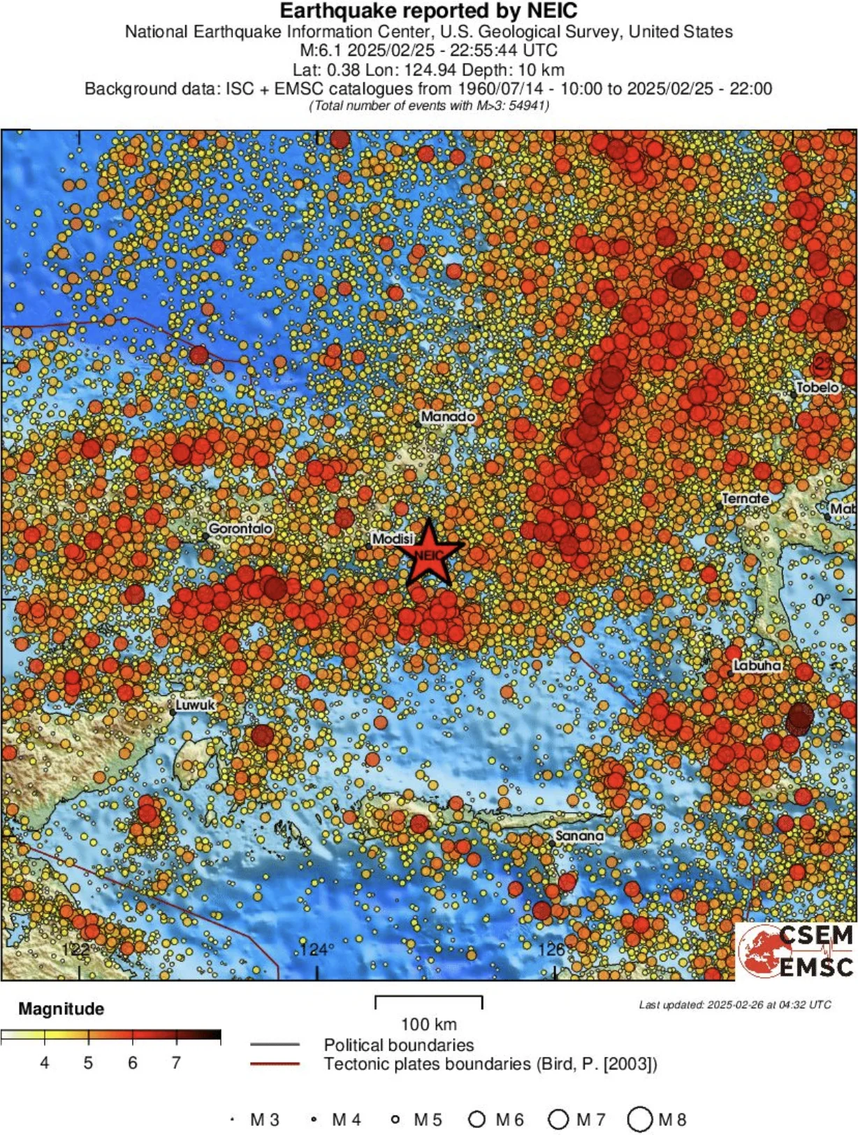 Regional seismicity by EMSC for M6.0 earthquake on February 25, 2025