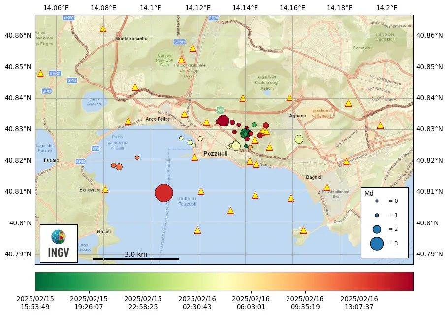 Seismic activity map of Campi Flegrei from February 15 to 16, 2025
