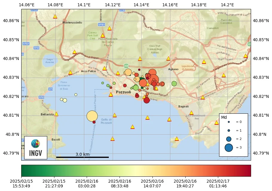 Seismic activity map of Campi Flegrei from February 15 to 17, 2025