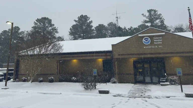Snow accumulating at the NWS office in Wakefield as Winter storm passes over Virginia through Wednesday into Thursday February 19 into 20, 2025.