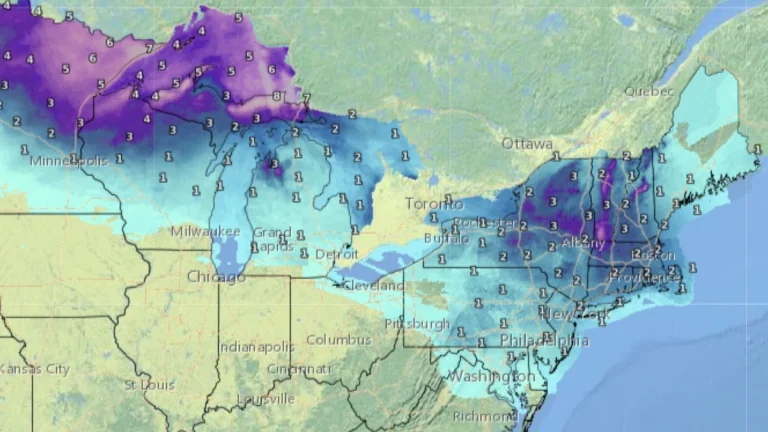Snow fall forecast map through Thursday, February 6, 2025,for winter storm