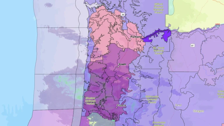 Warning area graphic for Oregon, from Thursday into Friday, February 13 to 14, 2025.