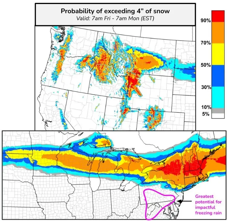 probability of snow exceeding 4in feb 8 - 10 2025