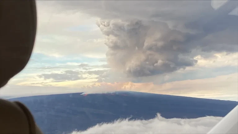 Aerial view of Northeast rift zone eruption of Mauna Loa on November 28, 2022