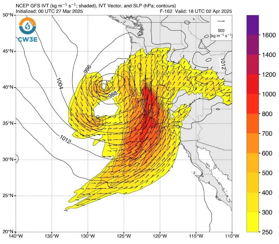 NCEP GFS Vertically Integrated Water Vapor Transport (IVT) valid 18:00 UTC on April 2, 2025