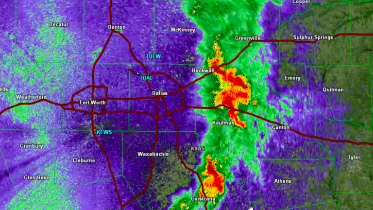 Radar view of thunderstorms passing over Kaufman County Texas on March 30, 2025