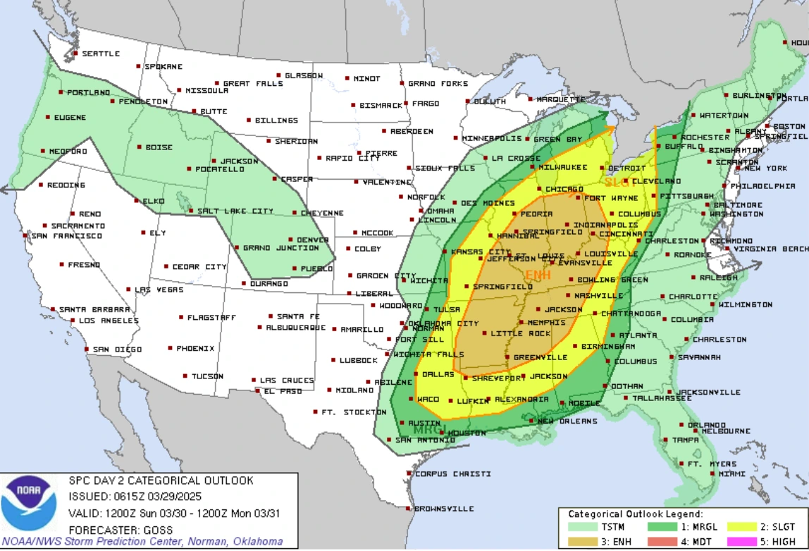 Severe weather outlook for March 30, 2025