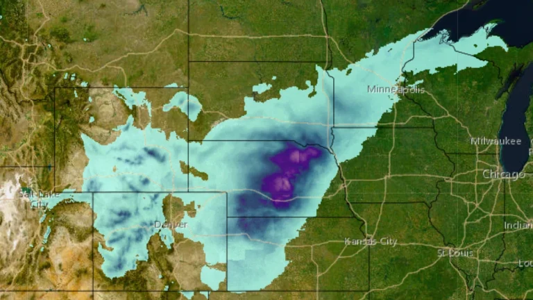 Snow accumulation forecast map ending at 17:00 LT on March 19, 2025