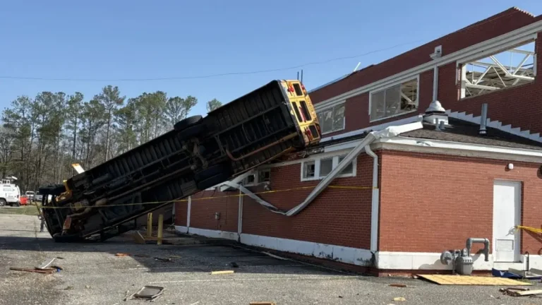 school bus ends up on building in winterboro after ef-2 tornado on march 15 2025