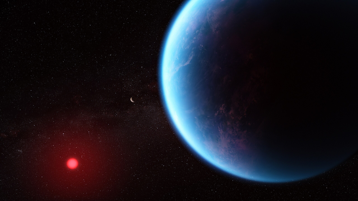 Illustration of exoplanet K2-18 b and its system. Image credit: NASA, ESA, CSA, Joseph Olmsted (STScI); Science: Nikku Madhusudhan (IoA)
