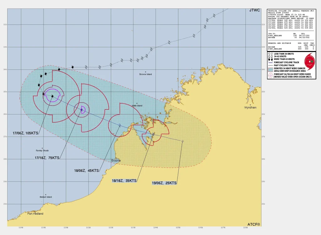 JTWC forecast track for Cyclone Errol. Image credit: JTWC