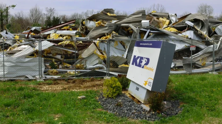 KEP electric warehouse destroyed by the EF-3 tonado in Jefferson Town, Kentucky on April 3, 2025