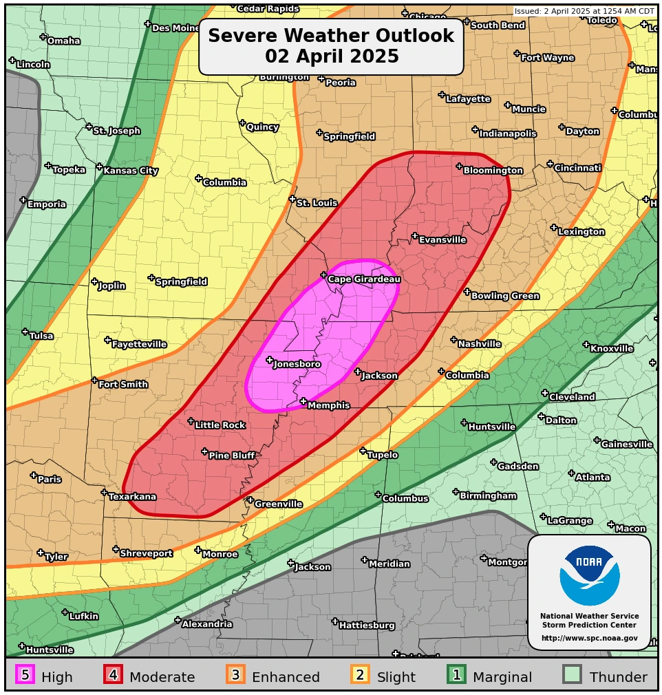 Level 5 threat of severe weather on April 2, 2025