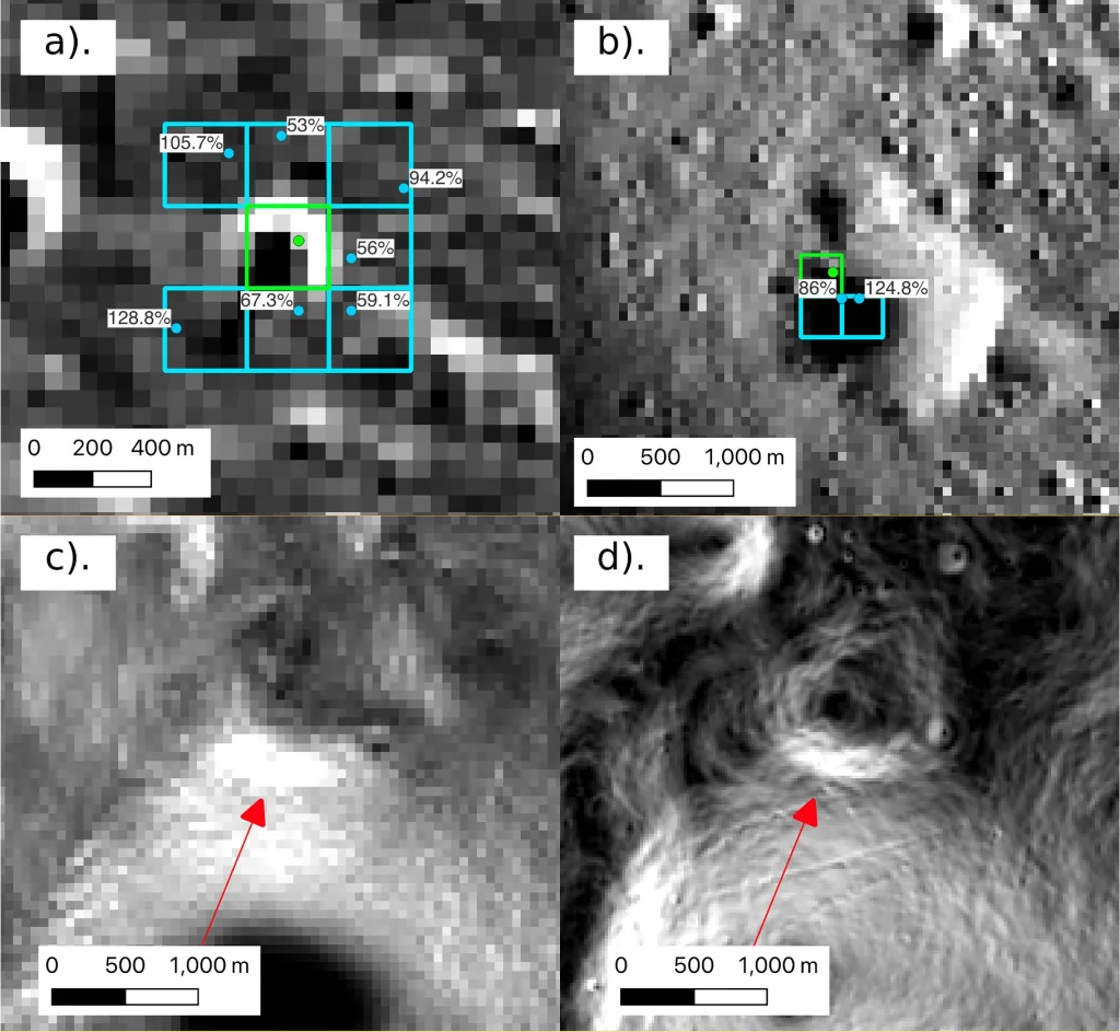 Anomalous median radiance deviations between an M³ PID (green) and neighbors (blue) in Shoemaker (a) and Faustini (b). (c) shows a high-radiance patch; (d) shows the same in the 20 m/pixel slope map (Barker et al. 2023). Image credit: Radiance Contrasts at Possible Lunar Water Ice Exposures Seen by ShadowCam, Jordan Ando et al.