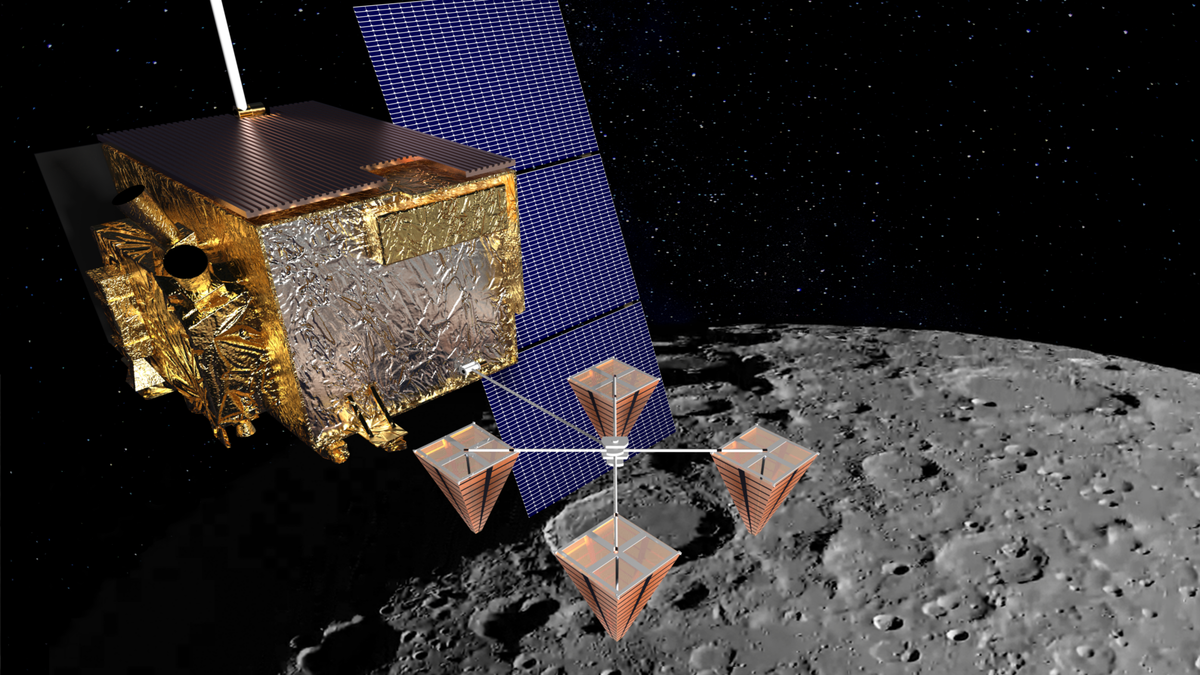 An artist rendering of what a future cosmic ray radar instrument could look like, attached to a satellite orbiting the Moon. Image credit: Christian Miki, Department of Physics, UH Manoa.