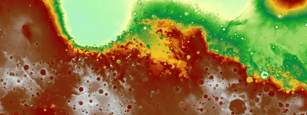 A detailed map of the topography of Mars at one region near its equator taken by the Mars Orbiter Laser Altimeter (MOLA) instrument on NASA's Mars Global Surveyor spacecraft. Image credit: NASA