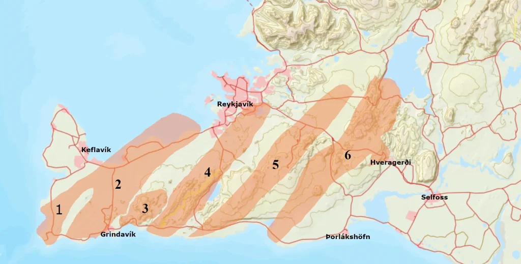 Map of volcanic systems on the Reykjanes Peninsula. Grindavík is at the south-western end of the Eldvörp–Svartsengi system. Image credit: Based on data from National Land Survey of Iceland