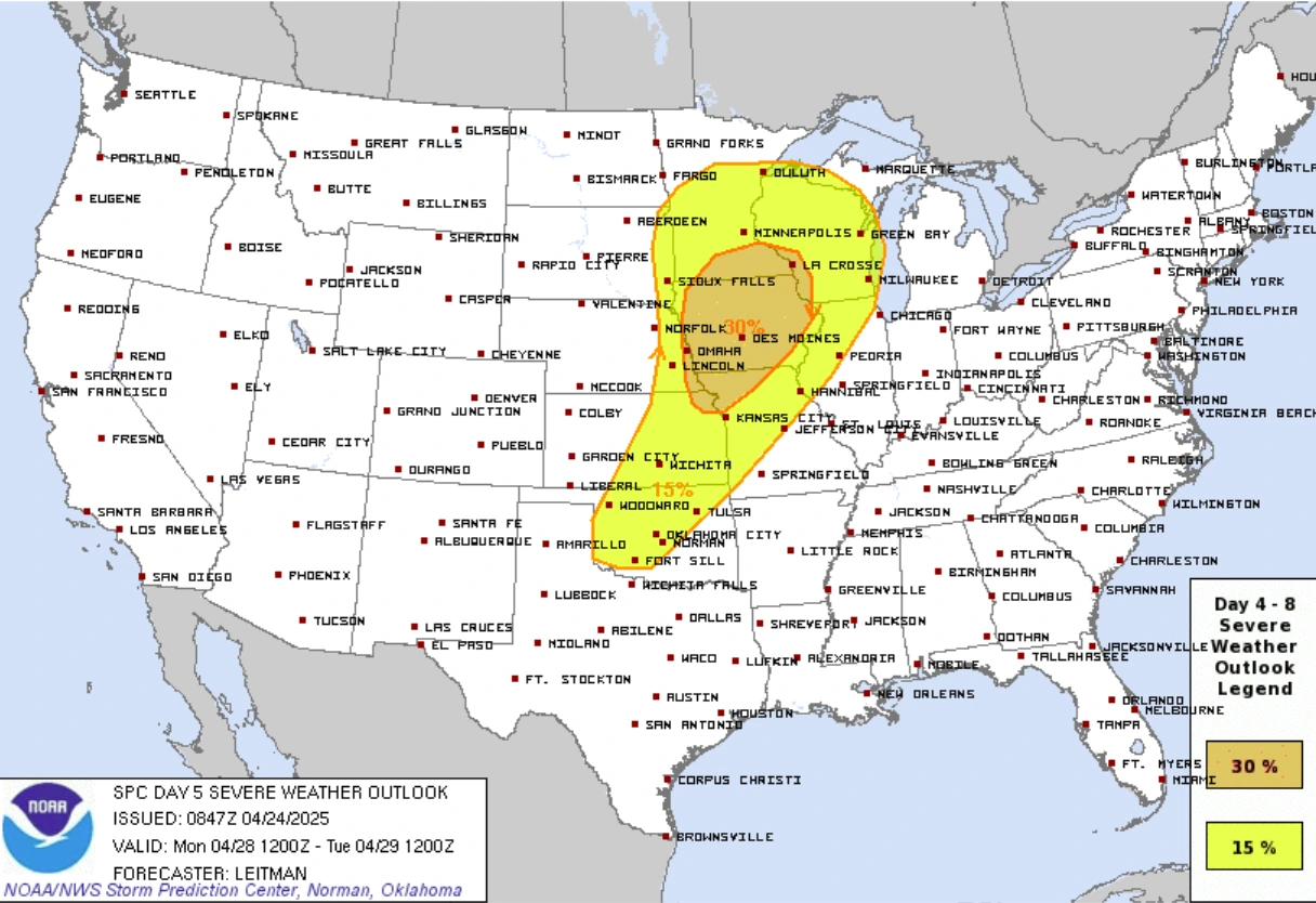 SPC Severe Weather Outlook for Monday, April 28, 2025