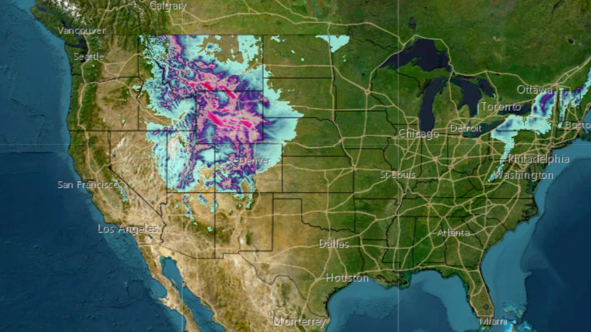 Snow accumulation map for the later season winter storm ending at 05:00 EDT on April 19, 2025