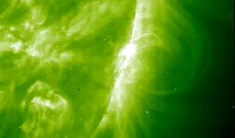 On Nov. 4, 2003, this solar flare saturated the X-ray detectors on several Sun-observing spacecraft. Image credit: NASA/ESA/SOHO