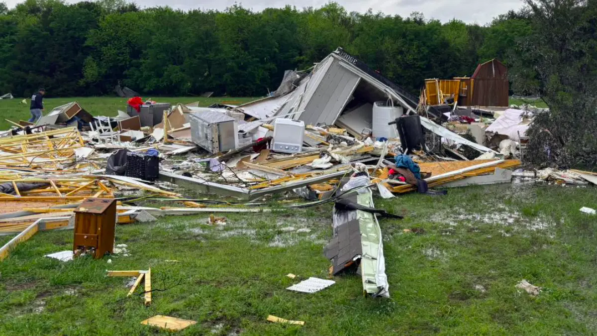 Tornado damage in Hughes County, Oklahoma after a tornado touched down on Saturday, April 19, 2025