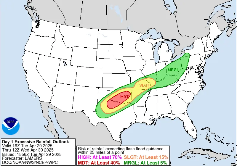 Excessive rainfall outlook for Tuesday, April 29, 2025. Image credit: WPC